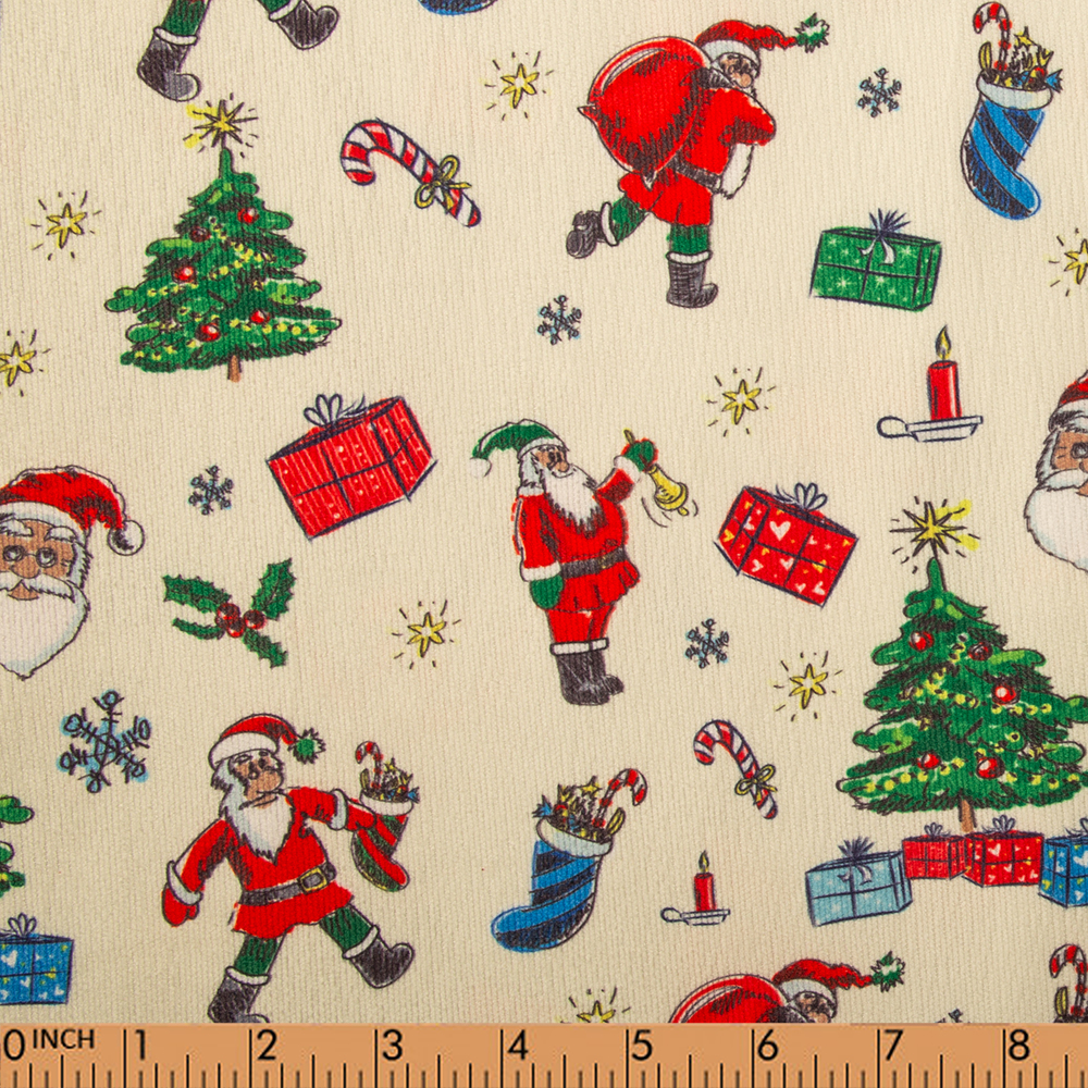 N50- Santa Claus, Christmas tree on Cream Corduroy printed 4.0